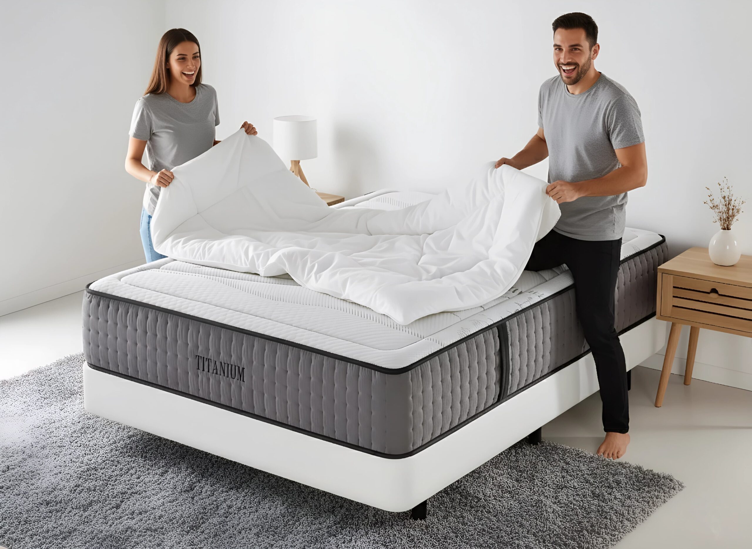 Pareja joven haciendo la cama con un colchón viscoelástico Titan de Moisury, simbolizando un descanso confortable y compartido.
